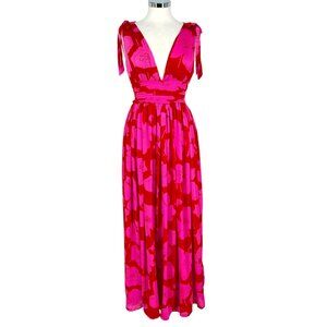 Sugarlips Descanso Dress Red Pink Floral Maxi Plunging V-Neck Size XS NWT